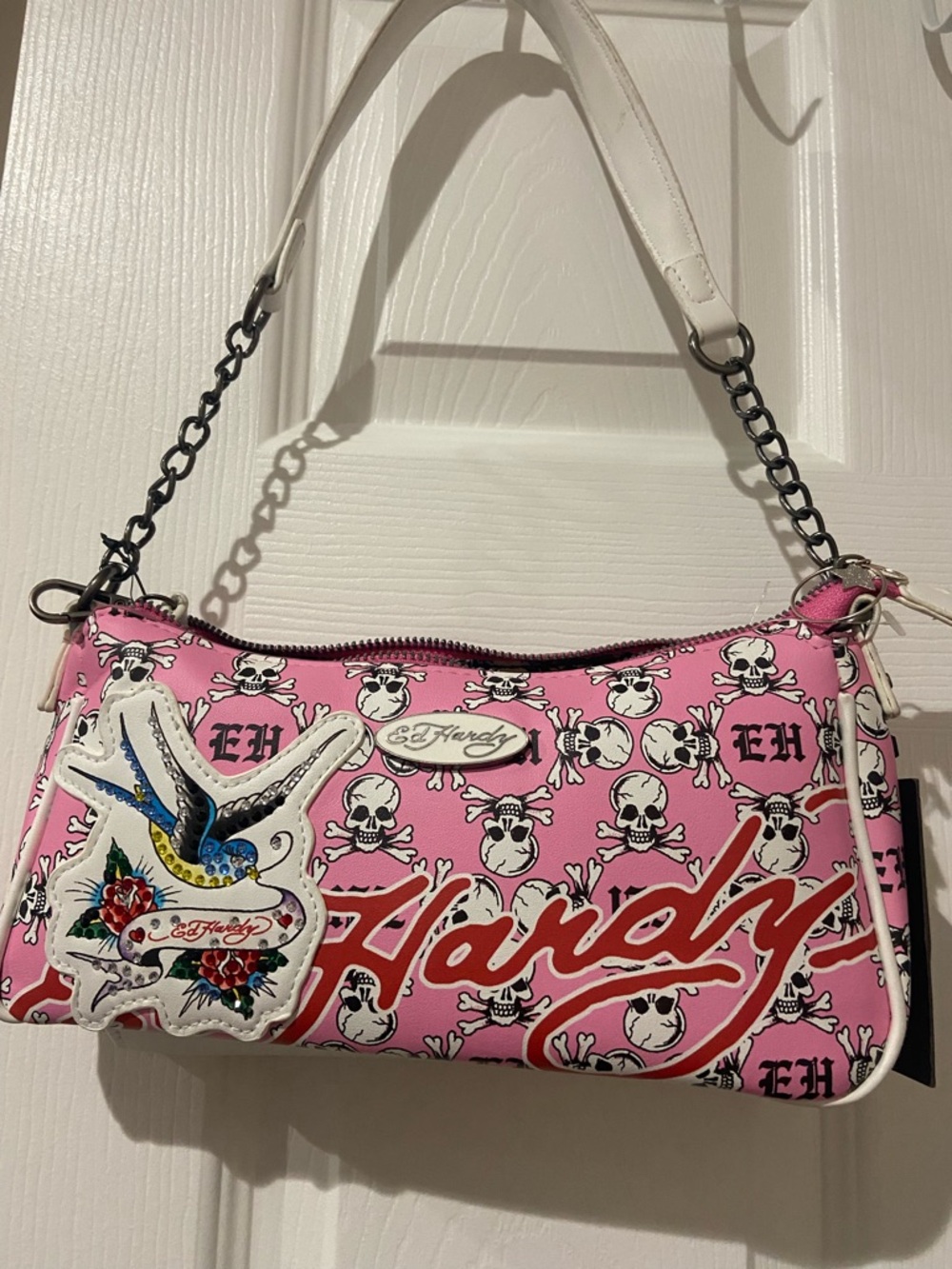 Ed Hardy Pink Skull & Script Shoulder Bag with Bird Patch
